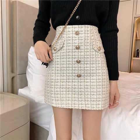 High Waist Woolen Plaid Vintage Button Skirts