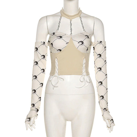 Moon Printed Off Shoulders Chain Halter Crop Tops