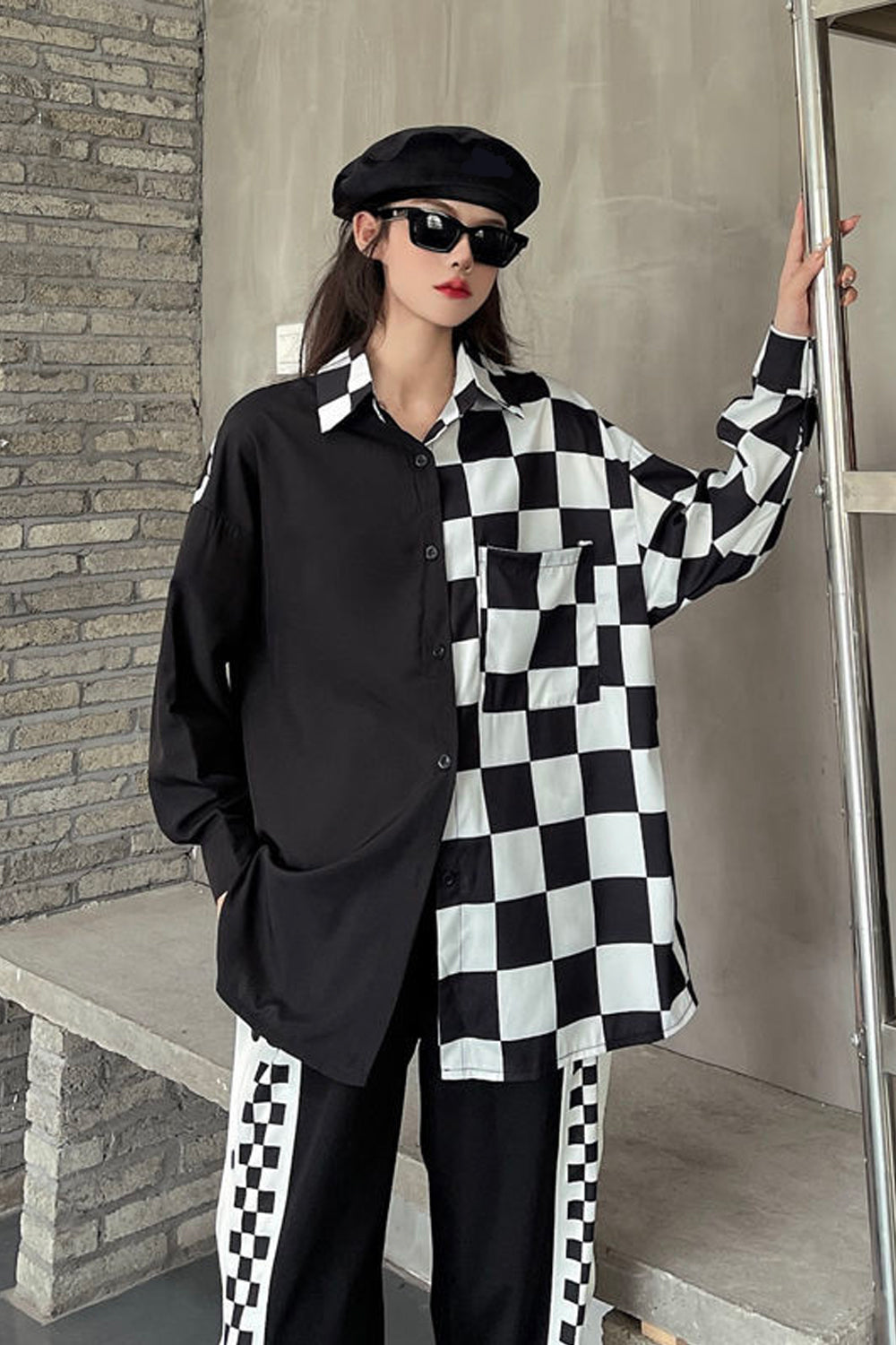 Long Sleeve Hip Hop Half Plaid Blouse Shirt