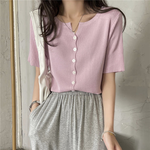 Short Sleeve Candy Colors Button Knitted Shirt