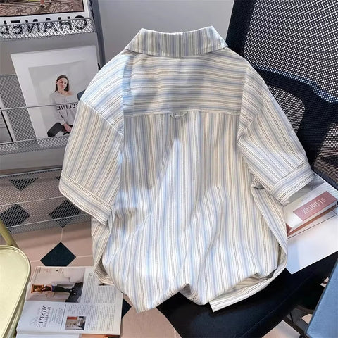 Short Sleeve Cute Dog Pocket Printed Striped Blouse Shirts