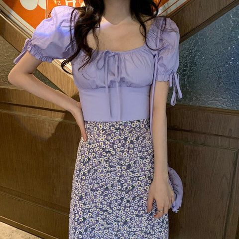 Puff Sleeve Bow Cropped Slim Shirt