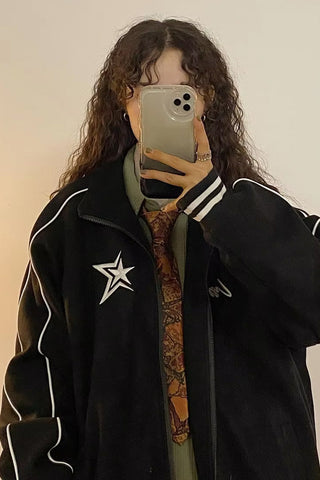 Star Letter Embroidery Stand Neck Retro Jacket