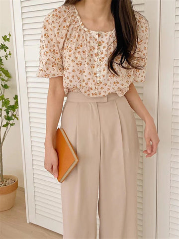 Sweet Florals Pattern Puff Sleeve Blouse Shirt