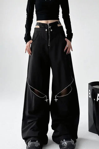 Loose Retro Cut Out Zipper Knee Pants
