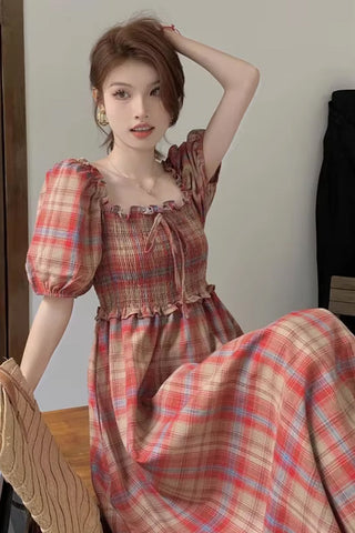 Retro Plaid Square Collar Puff Sleeve Long Dress