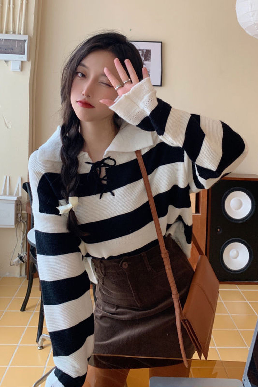 Turn Down Collar Retro Striped Knitted Sweater