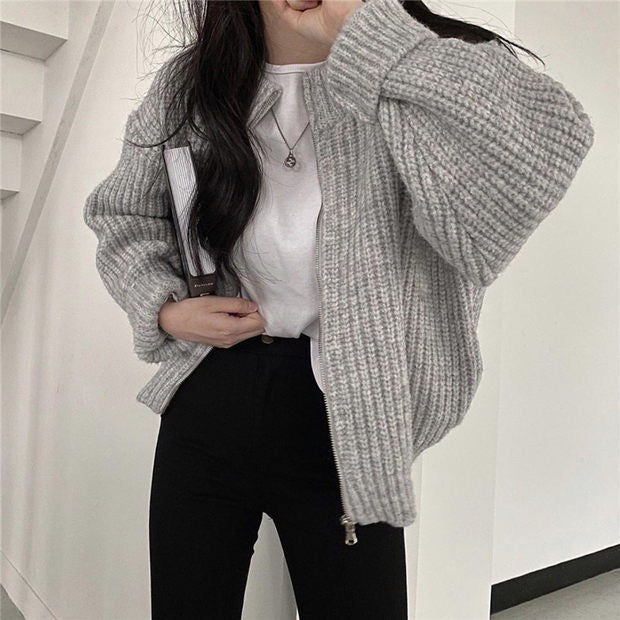 Zipper Solid Knitted Loose Sweater