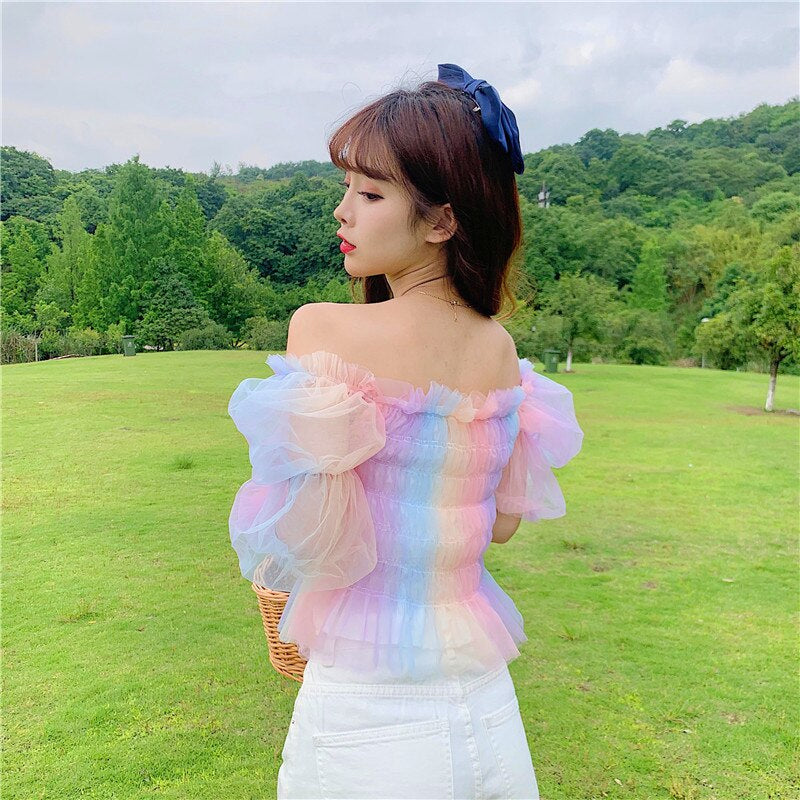 Rainbow Puff Sleeve Square Neck Mesh Blouse