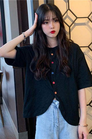 Colorful Buttons Short Sleeve Irregular Shirt