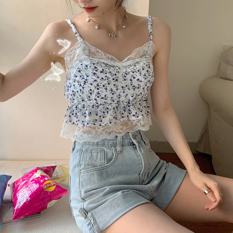 Sexy Floral Printed Lace Camis Crop Tops