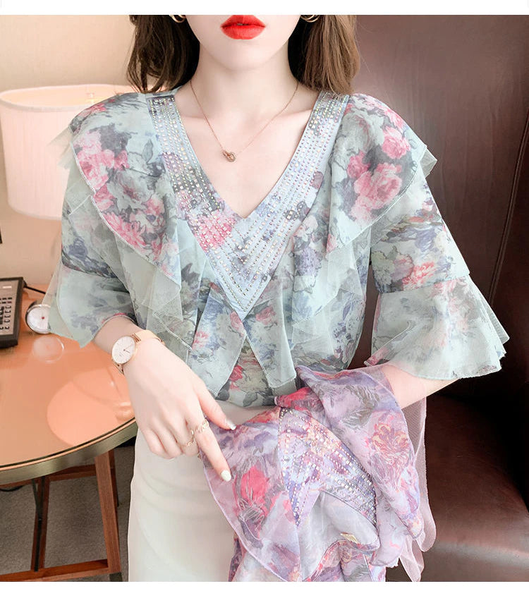 Retro Chiffonbluse mit V-Ausschnitt und Blumenmuster 
