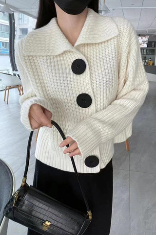 Long Sleeve Big Button Knitted Lapel Collar Sweater