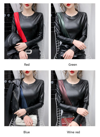 Long Sleeve Color Spliced Leather Blouse Shirts