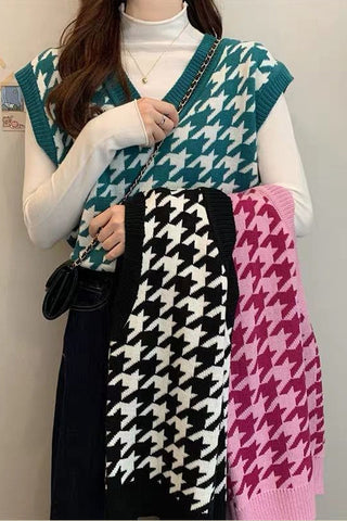 3 Colors Houndstooth Pattern Retro Vest Sweater