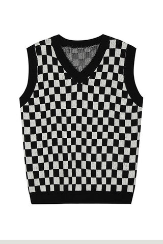 Plaid Checkered V-Neck Sleeveless Knitted Vest Sweater