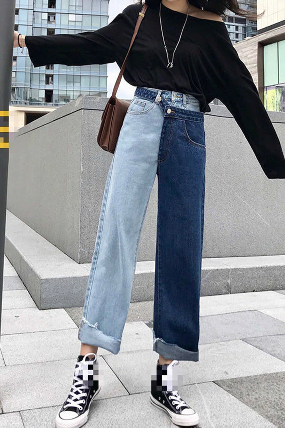 Half Double Colors Unique Zipper Button Jeans Pants