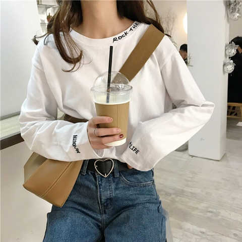 Letter Embroidered Simple Long Sleeve Shirt