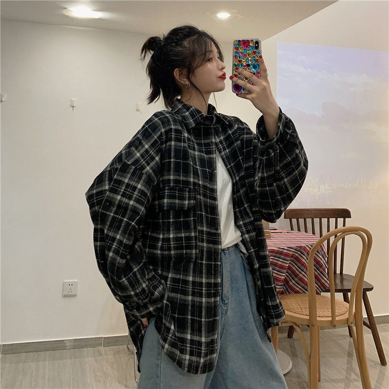 Long Sleeve Retro Thicken Plaid Loose Shirt