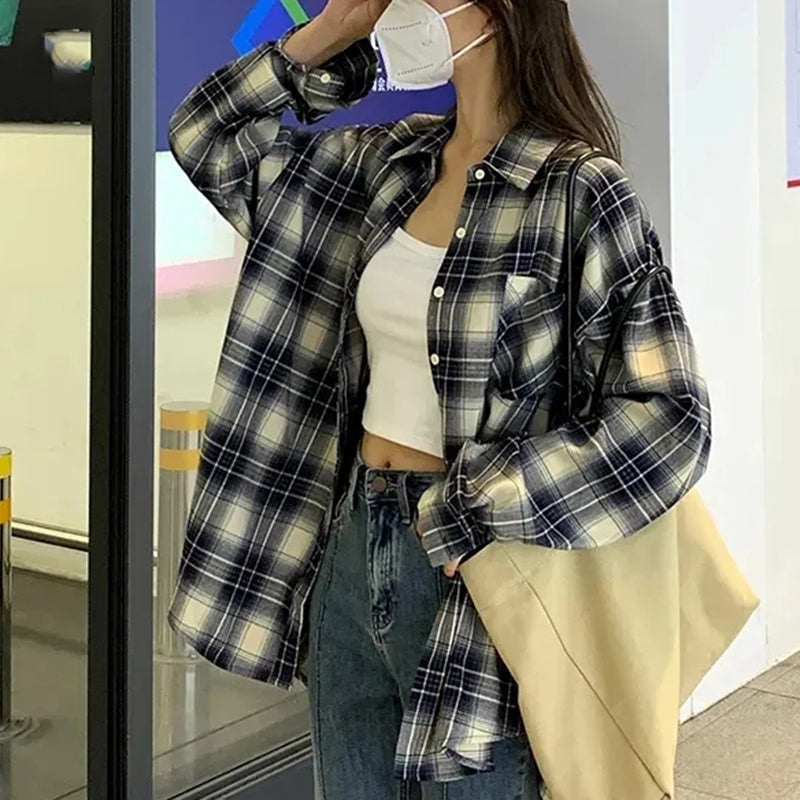 Camisa blusa holgada de cuadros de gran tamaño 