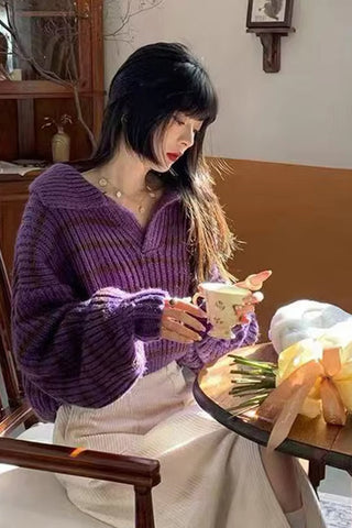 Long Sleeve Turn Down Collar Striped Cropped Sweater