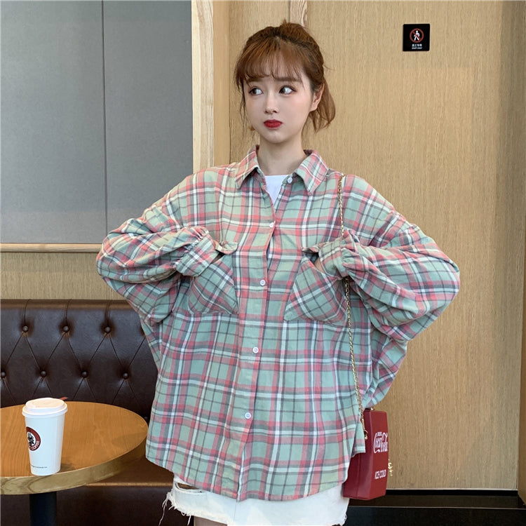 Loose Bat Sleeve Plaid Shirt