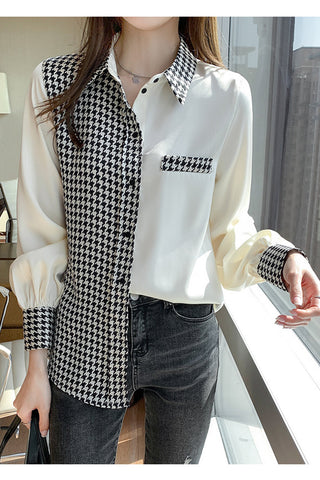 Long Sleeve Houndstooth Satin Blouse Shirt
