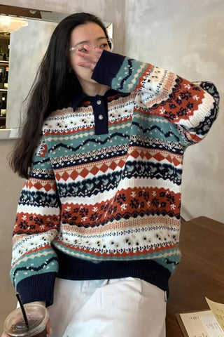 Long Sleeve Classic Art Pattern Collar Sweater