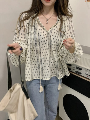 Vintage Printed Lace Up Loose Blouse Shirt