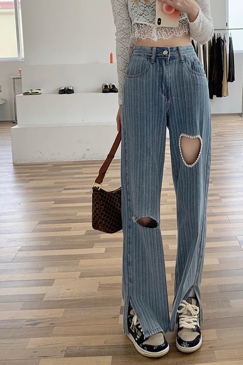 Heart Shaped Hole Wide Leg Denim Pants