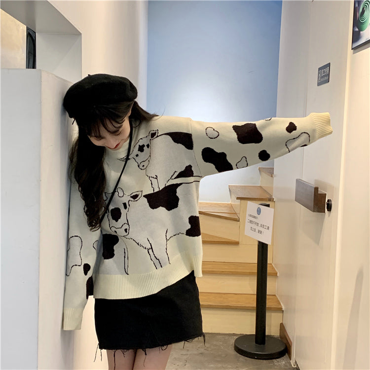 Kawaii Cow Printed Loose Sweater