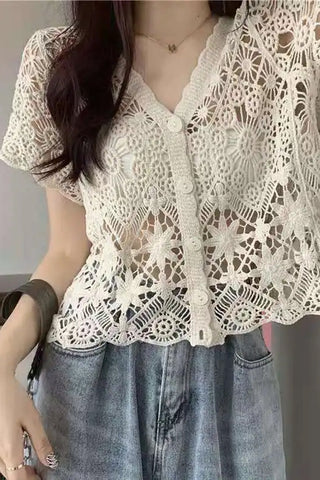 V-Neck Knitted Embroidered Crochet Open Shirts