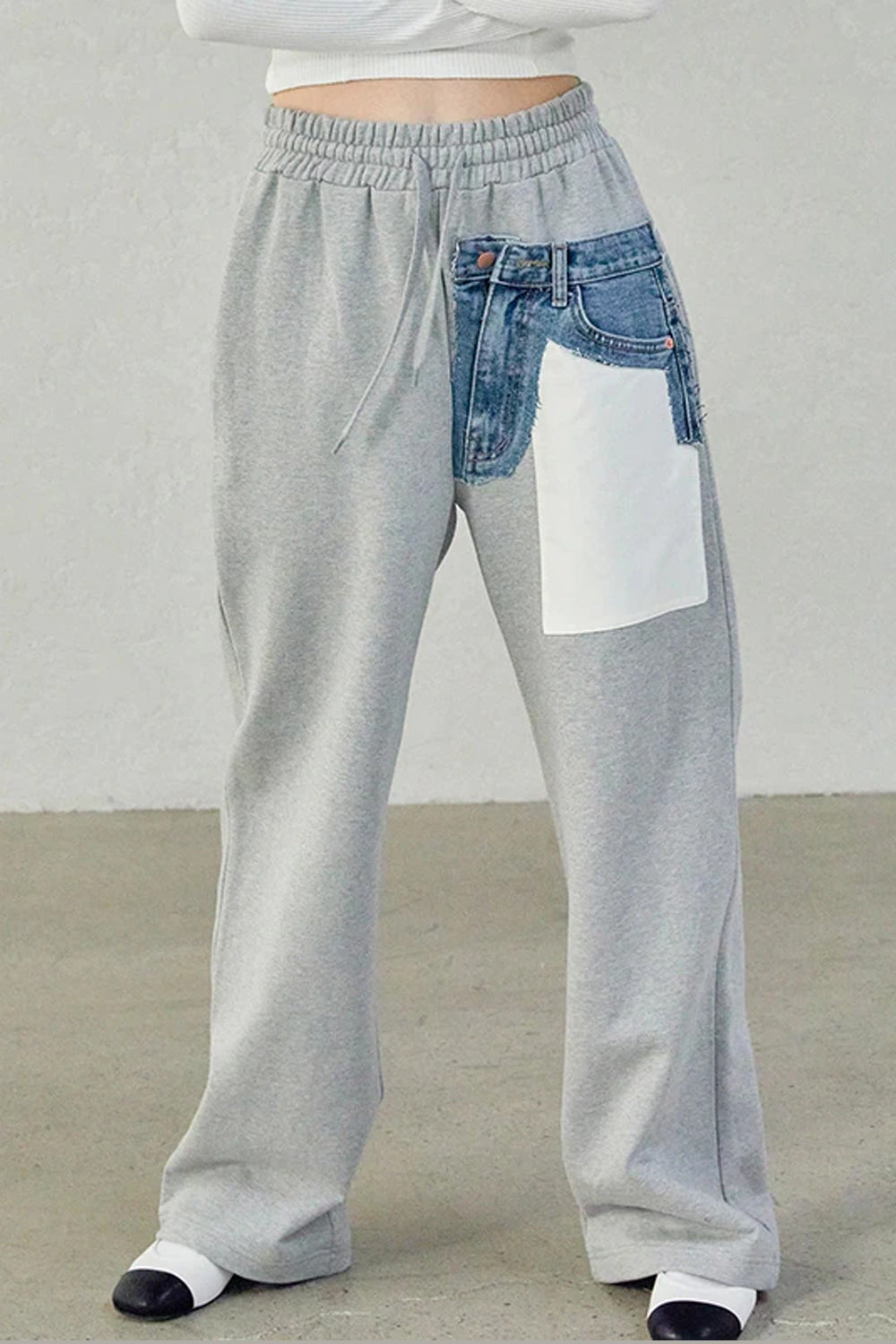 High Waist Denim Pocket Patchwork Loose Pants