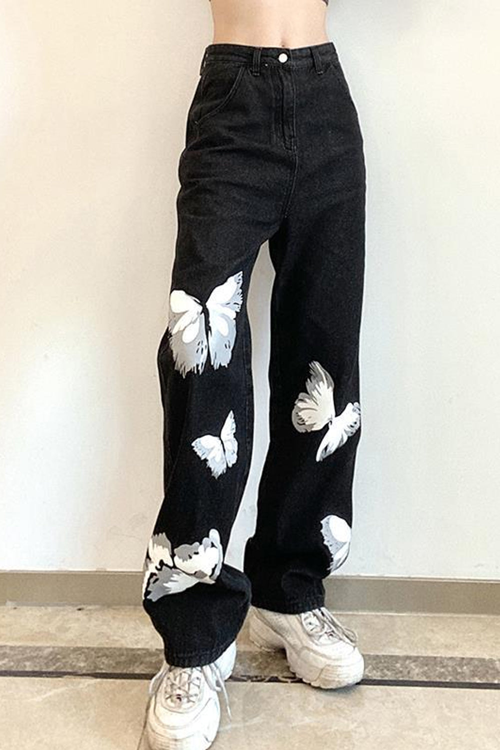 Vintage Butterfly Printed Black Jeans Pants