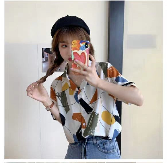 Geometrisches Retro-Kurzarm-Bluse-Shirt mit Einsätzen 