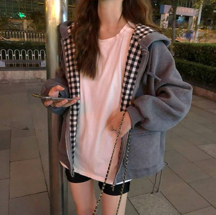 Loose Plaid Inside Hooded Jacket