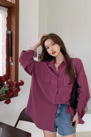3 Colors Loose Pocket Stylish Blouse Shirt