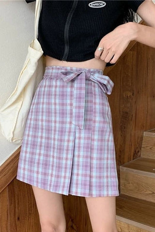 High Waist Bow Knot Plaid Pleated Skirt