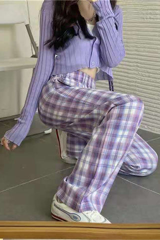 High Waist Cute Purple Plaid Long Pants