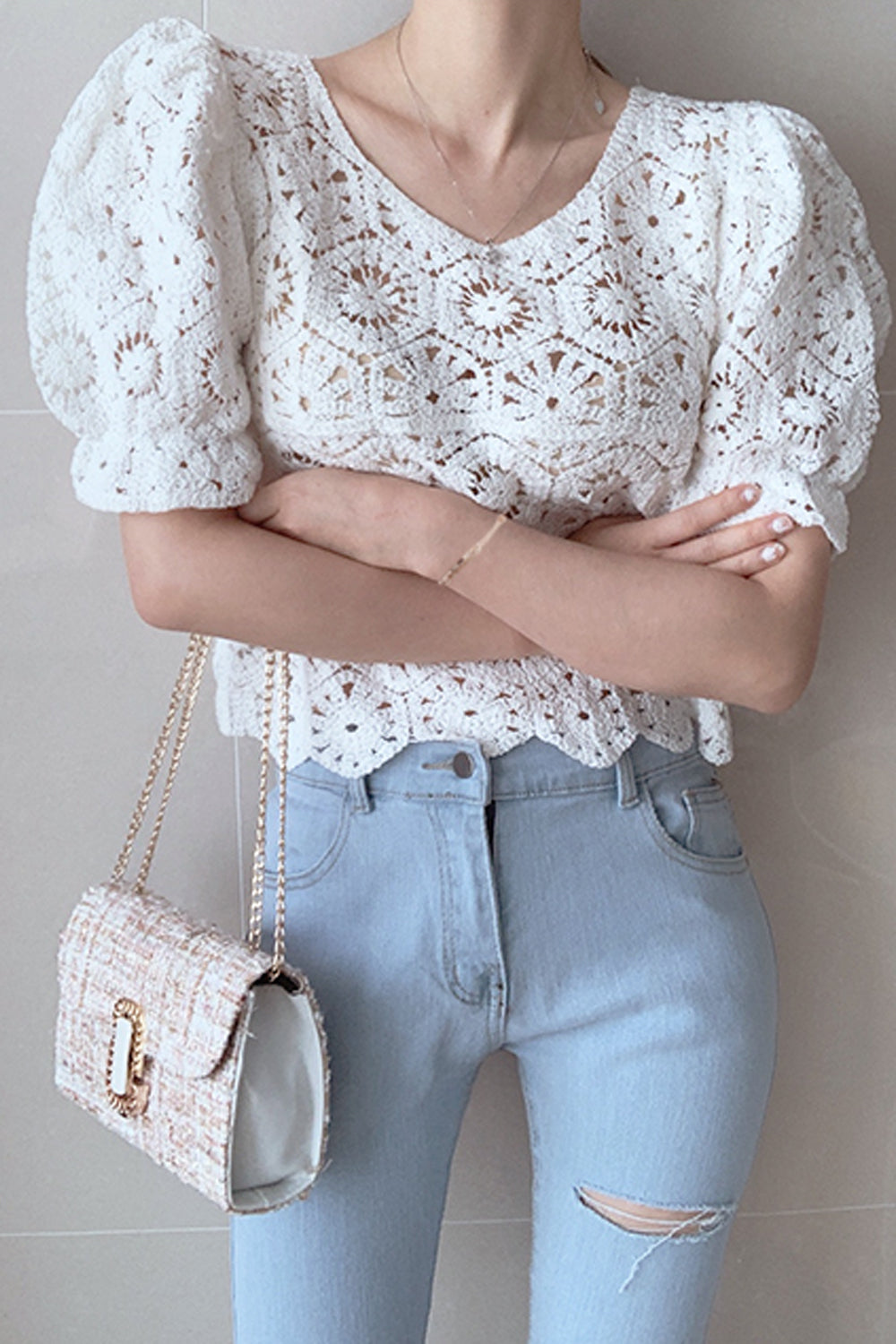 Vintage Crop Tops mit Puffärmeln und Spitze 