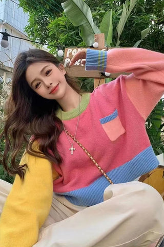 Long Sleeve Spliced Colors Combination Sweater