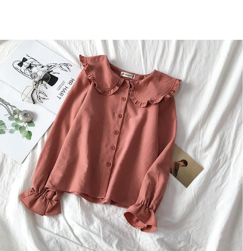 Long Sleeve Peter Pan Collar Cute Blouse Shirts