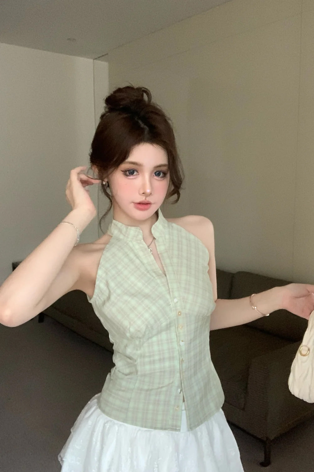 Sleeveless Off Shoulder Plaid Blouse Shirt