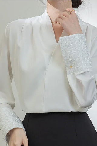 Long Sleeve Cross Neck Elegant Office Blouse Shirt