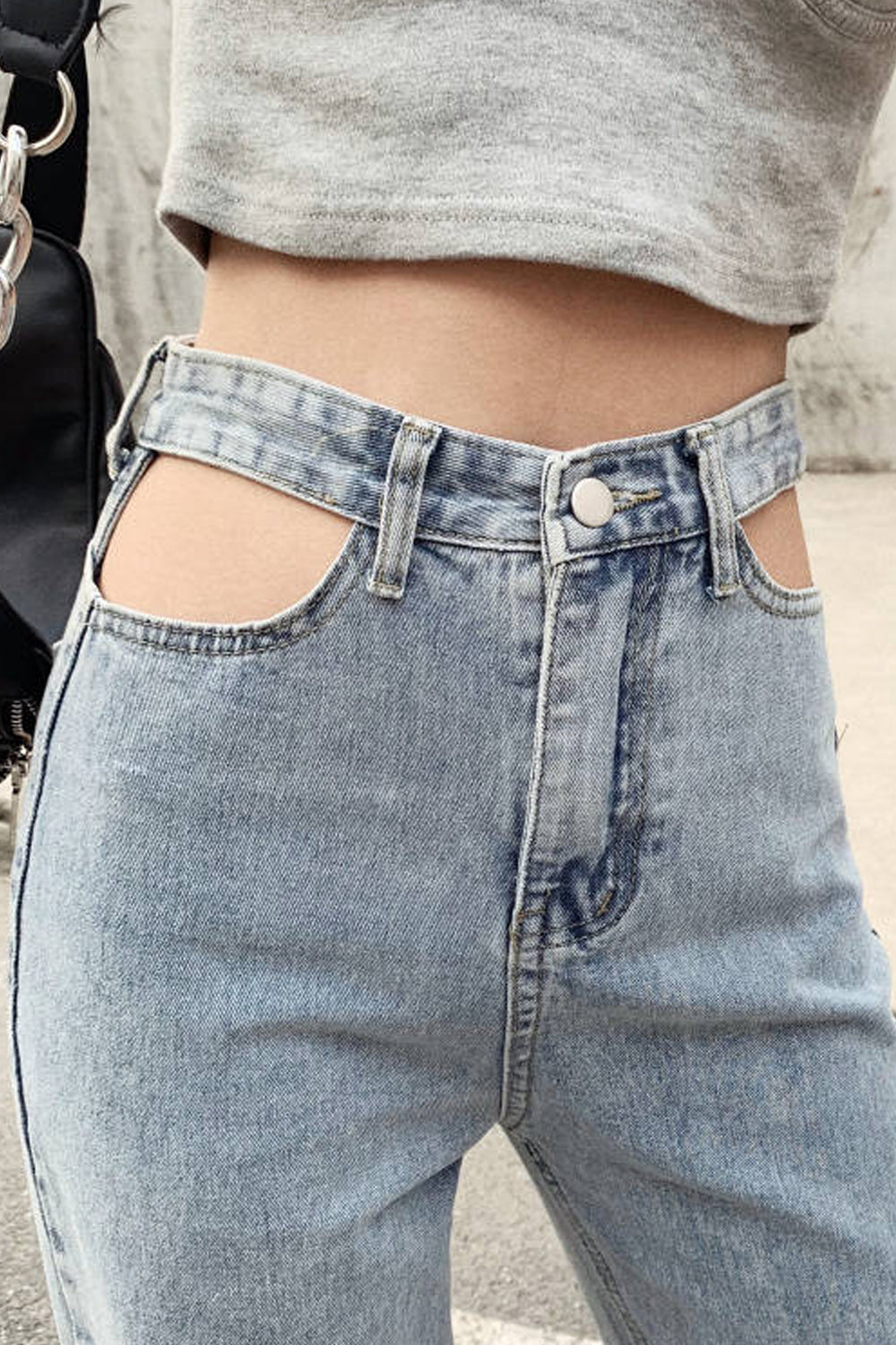 Casual High Waist Wide Leg Hole Jeans Pants