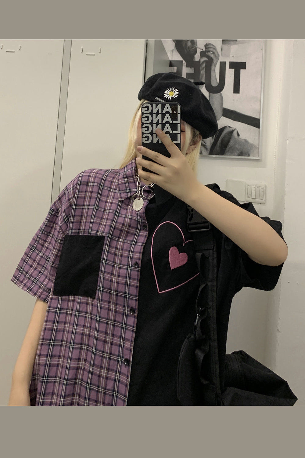 Heart Printed Plaid Splice Paired Blouse Shirt