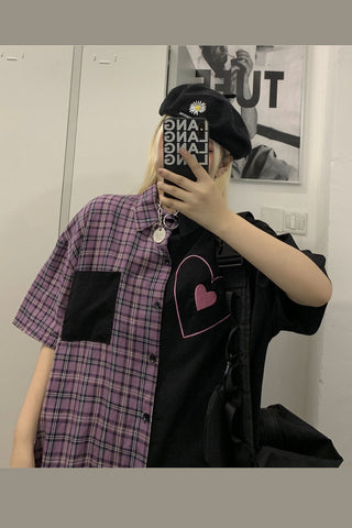 Heart Printed Plaid Splice Paired Blouse Shirt