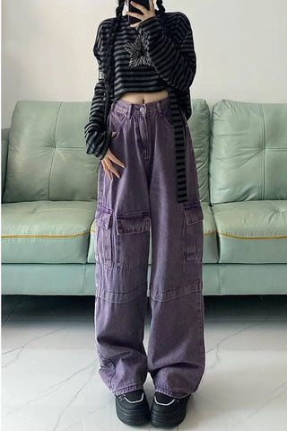 Loose Purple Cargo Pockets Jeans Pants