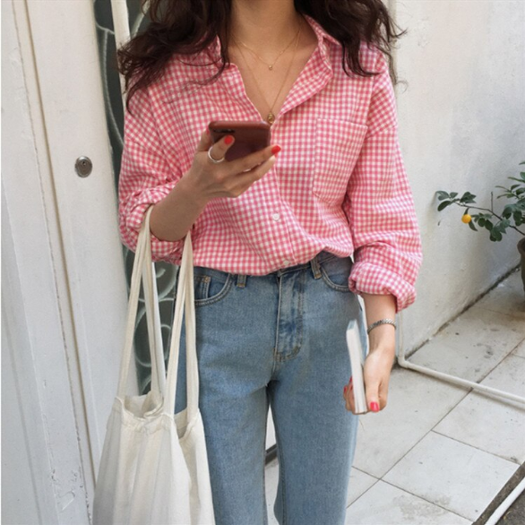 Camisa informal de manga larga con blusa a cuadros rosa