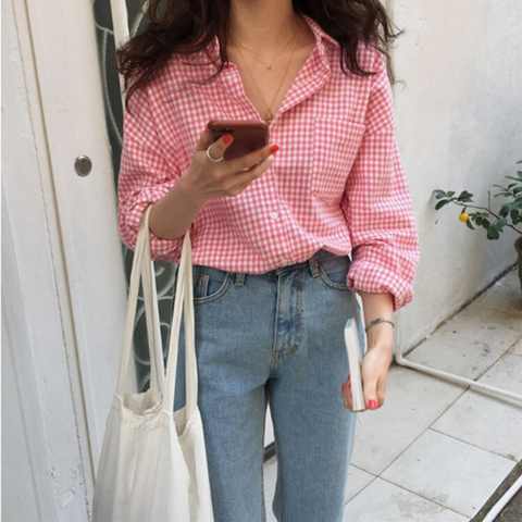 Pink Plaid Casual Blouse Long Sleeve Shirt